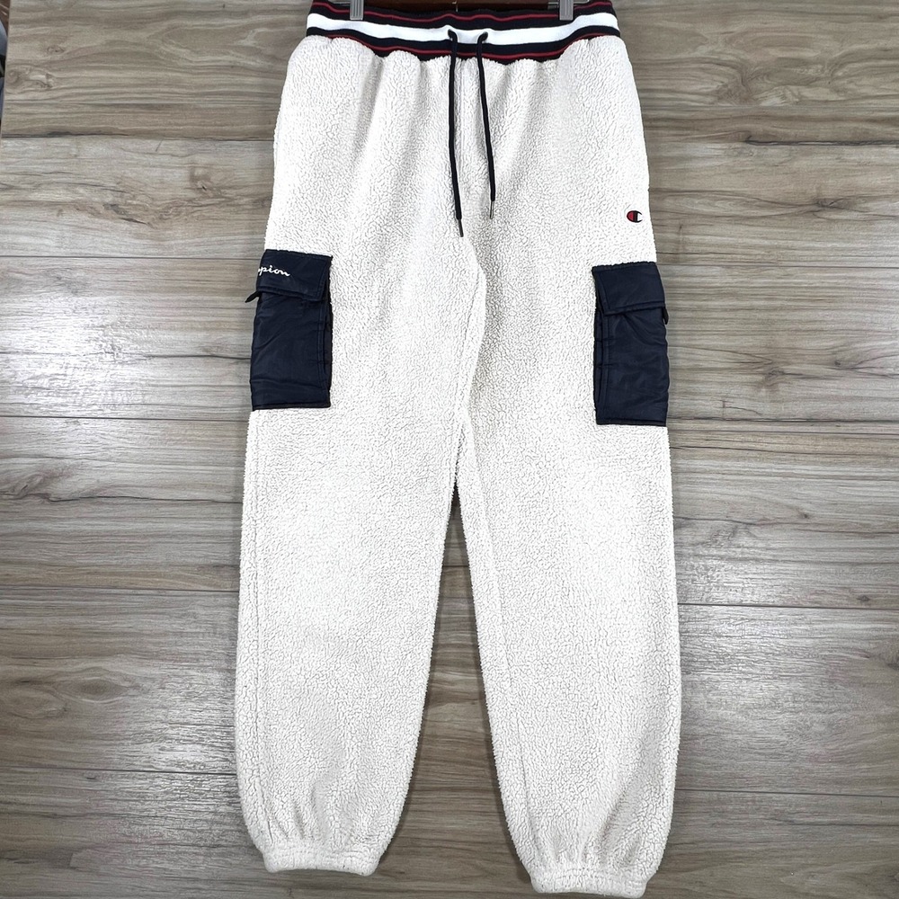 Champion Mens Sherpa Fleece Cargo Jogger Pants Cream Navy White Striped Waist